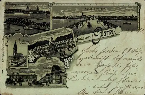 Mondschein Litho Kostrzyn nad Odrą Cüstrin Ostbrandenburg, Friedenskirche, Schlosskaserne