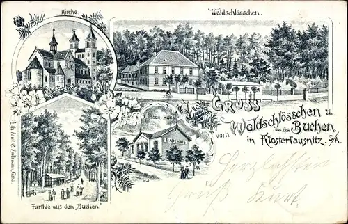 Litho Bad Klosterlausnitz in Thüringen, Waldschlösschen, Buchen, Badehaus