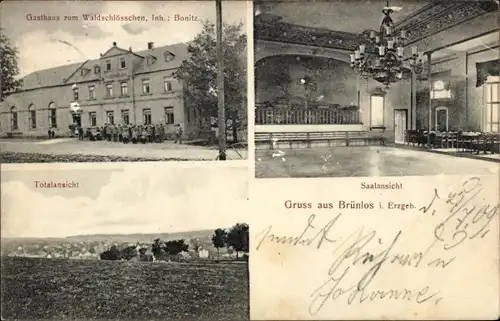 Ak Brünlos Zwönitz im Erzgebirge Sachsen, Gasthaus zum Waldschlösschen, Saal, Gesamtansicht