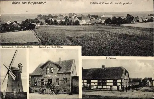 Ak Groppendorf Erxleben Sachsen Anhalt, Gesamtansicht, Mühle, Gasthof von Emil Müller, Dorfstraße