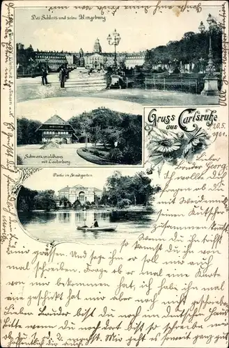 Ak Karlsruhe in Baden, Schwarzwaldhaus am Lauterberg, Schloss, Partie im Stadtgarten