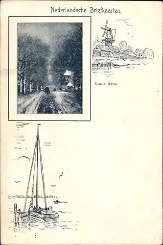 Künstler Ak Apol, Louis, Niederlande, Windmühle, Boot, Straßenpartie