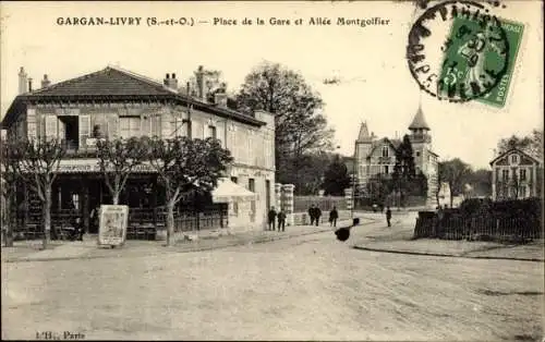 Ak Livry Gargan Seine Saint Denis, Place de la Gare et Allee Montgolfier