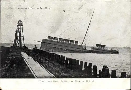 Ak Hoek van Holland Rotterdam Südholland Niederlande, Wrak Harwichboot Berlin