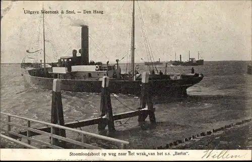 Ak Hoek van Holland Südholland, Stoomloodsboot op weg naar het wrak van het SS Berlin