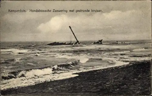 Ak Kamperland Noord Beveland Zeeland, Kamperduin, Hondsbossche Zeewering met gestrande kruiser