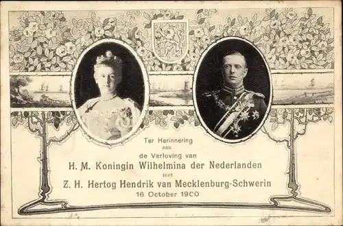 Passepartout Ak Königin Wilhelmina der Niederlande, Heinrich zu Mecklenburg, Verlobung 1900
