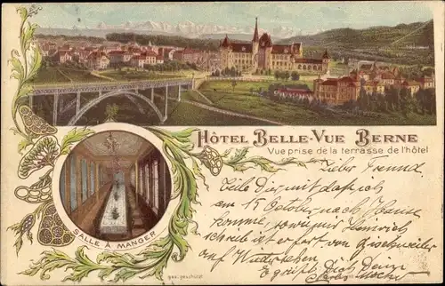 Litho Bern Stadt Schweiz, Hotel Belle Vue, vue prise de la terrasse de l'hotel
