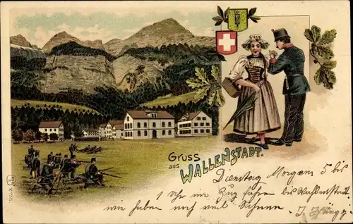Litho Walenstadtberg Wallenstadtberg Walenstadt Kt Sankt Gallen, Frau in Tracht, Soldaten, Manöver