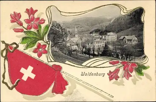 Präge Passepartout Ak Waldenburg Kanton Basel Land, Blick auf den Ort, Landesflagge