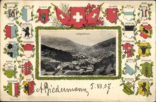 Präge Wappen Ak Langenbruck Kanton Basel Land, Totalansicht der Ortschaft, Wappen der Kantone