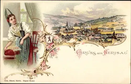 Litho Herisau Kanton Appenzell Außerrhoden, Blick auf den Ort, Frau in Tracht beim Klöppeln