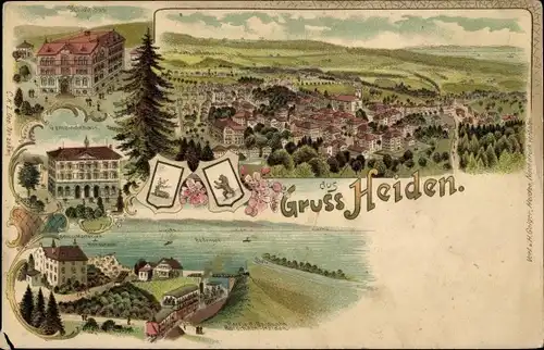 Litho Heiden Kanton Appenzell Außerrhoden, Stadtansichten, Gemeindehaus, Schulhaus
