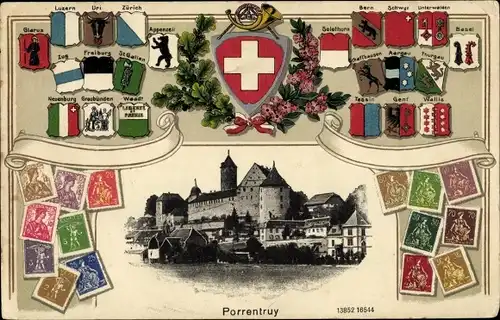 Präge Wappen Briefmarken Ak Pruntrut Porrentruy Kanton Jura, Blick auf den Ort, Kantonalwappen