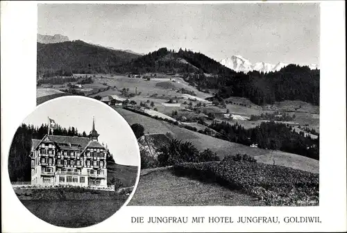 Ak Goldiwil Thun Kanton Bern Schweiz, Berg Jungfrau mit Hotel Jungfrau