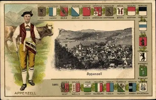 Präge Wappen Ak Appenzell Kt. Appenzell Innerrhoden Schweiz, Stadtansicht, Mann in Tracht