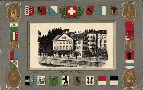 Präge Wappen Ak Baden Kanton Aargau Schweiz, Hotel Freihof