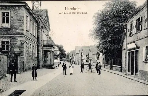 Ak Herxheim bei Landau in der Pfalz, Dorfstraße mit Schulhaus