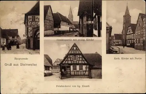Ak Steinweiler in Rheinland Pfalz, Hauptstraße, Straßenpartie, evangelische Kirche, Bäckerei Klundt