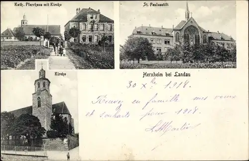 Ak Herxheim bei Landau in der Pfalz, Katholisches Pfarrhaus mit Kirche, St. Paulusstift