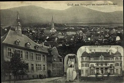 Ak Ihringen am Kaiserstuhl, Schloss Lillenhof, Blick auf den Ort, Frau in Tracht, Schule