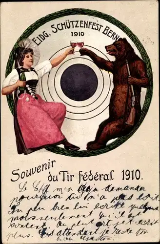 Ak Bern Stadt Schweiz, Eidgenössisches Schützenfest 1910, Frau in Tracht, Braunbär