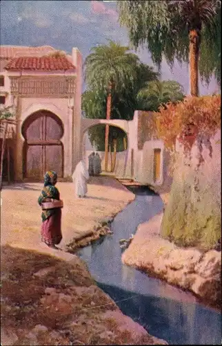 Künstler Ak Tetuan Tétouan Marokko, Frau am Fluss, Chocolaterie D'Aiguebelle