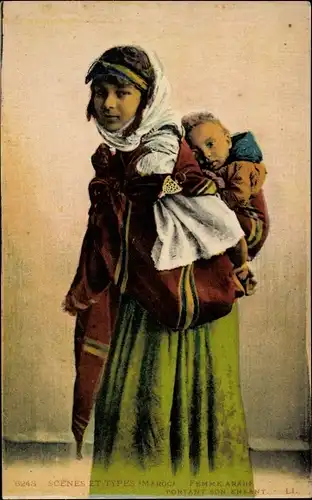 Ak Marokko, Scenes et Types, femme arabe portant son enfant, Maghreb