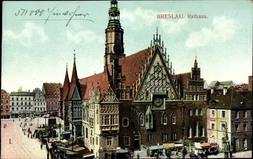 Ak Wrocław Breslau Schlesien, Rathaus, Verkaufsstände