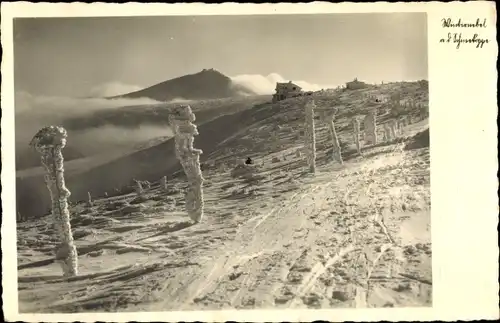 Ak Karpacz Krummhübel Riesengebirge Schlesien, Prinz Heinrich Baude mit Schneekoppe im Winter