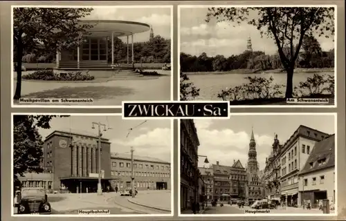 Ak Zwickau in Sachsen, Musikpavillon am Schwanenteich, Hauptmarkt, Hauptbahnhof