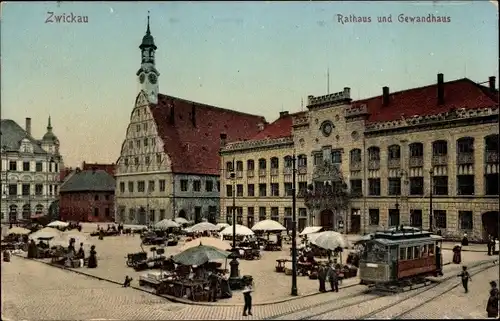 Ak Zwickau in Sachsen, Rathaus und Gewandhaus, Marktplatz, Verkaufsstände, Straßenbahn