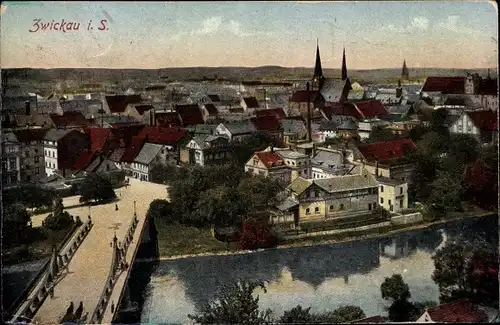 Ak Zwickau in Sachsen, Panorama, Brücke, Kirchturm