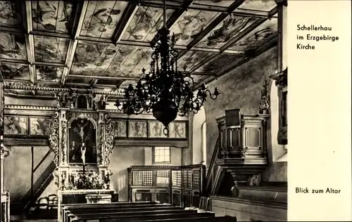 Ak Schellerhau Altenberg im Erzgebirge, Kirche, Blick zum Altar, Kanzel, Kronleuchter