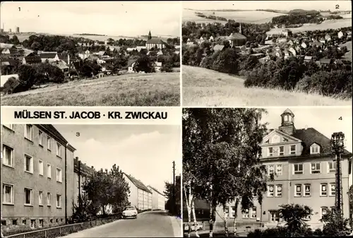 Ak St Jacob Mülsen in Sachsen, Teilansichten, Otto-Buchwitz-Siedlung, Max-Roscher-Oberschule