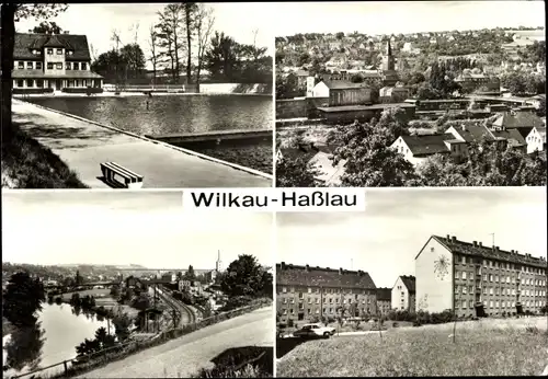 Ak Wilkau Haßlau in Sachsen, Schwimmbad, Panorama, Wohnsiedlung