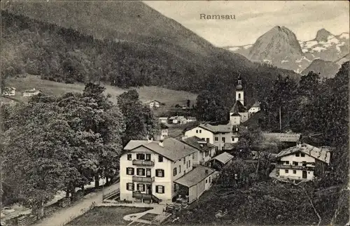 Ak Ramsau bei Berchtesgaden, Teilansicht des Ortes mit Gebirge