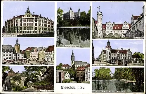 Ak Glauchau in Sachsen, Markt, Pestalozzi-Schule, Tunnel, Kaiserl. Postamt, Schloss, Schlosshof