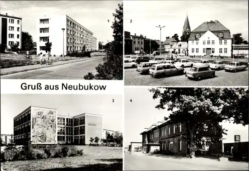 Ak Neubukow in Mecklenburg, Neubausiedlung Panzower Weg, Markt, Bahnhof, POS Heinrich Schliemann