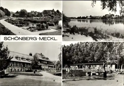 Ak Schönberg in Mecklenburg, Teilansicht, Am Oberteich, Krankenhaus, Oskar-Nolze-Schwimmbad