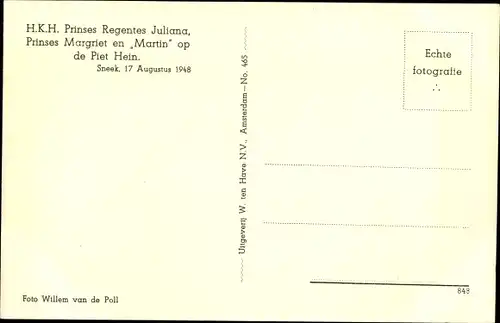 Ak Juliana der Niederlande, Prinzessin Margriet, Yacht Piet Hein, Sneek 1948