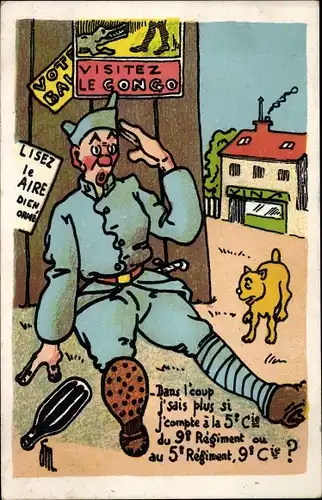 Künstler Ak Betrunkener französischer Soldat