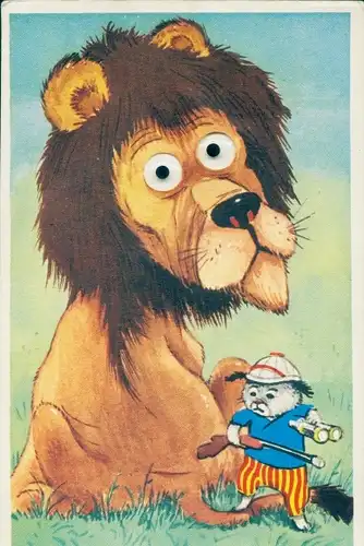 Wackelaugen Ak Löwe, vermenschlichter Hund als Jäger