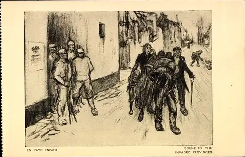 Künstler Ak En Pays Envahi, Scene in the invaded provinces, Kriegsflüchtlinge, I WK