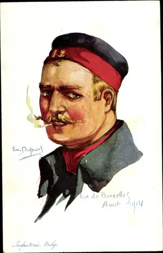 Künstler Ak Dupuis, Emil, Infanterie Belge, Fort de Boucelles, belgischer Soldat mit Zigarette