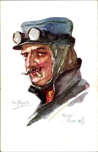 Künstler Ak Dupuis, Emil, Arras 1915, Nos Poilus, Französischer Soldat, Fliegerbrille, Zigarette