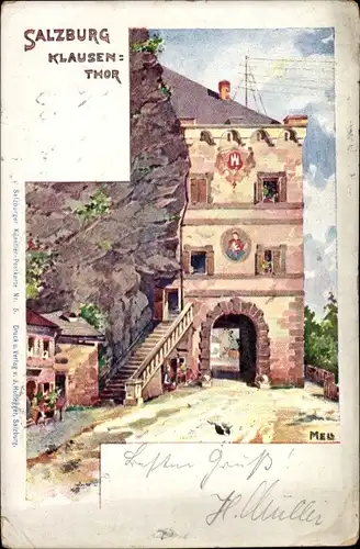 Künstler Litho Salzburg Stadt in Österreich, Klausen-Tor