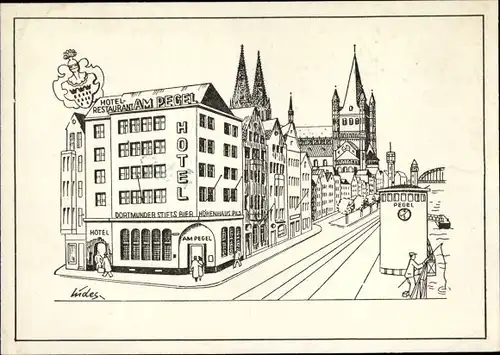 Künstler Ak Köln am Rhein, Hotel Restaurant Am Pegel, Markmannsgasse, Ecke Frankenwerft