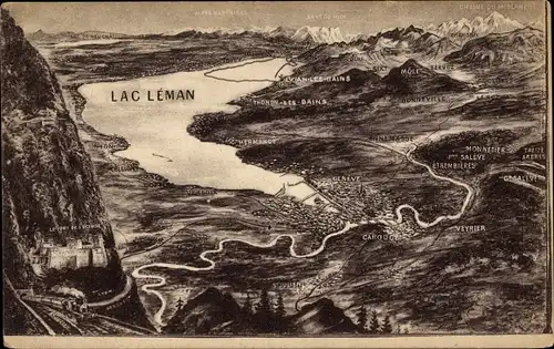 Landkarten Ak Genf Kanton Schweiz, Lac Leman mit Umgebung