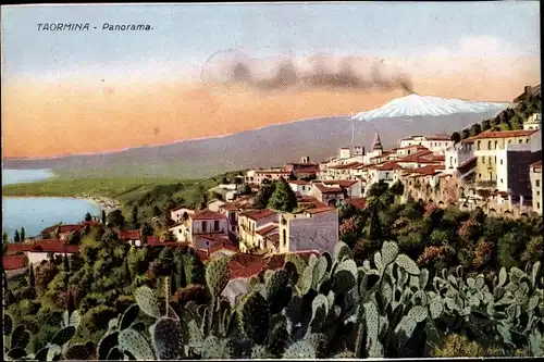 Ak Taormina Sicilia, Etna in eruzione, cactus, partial view of the village